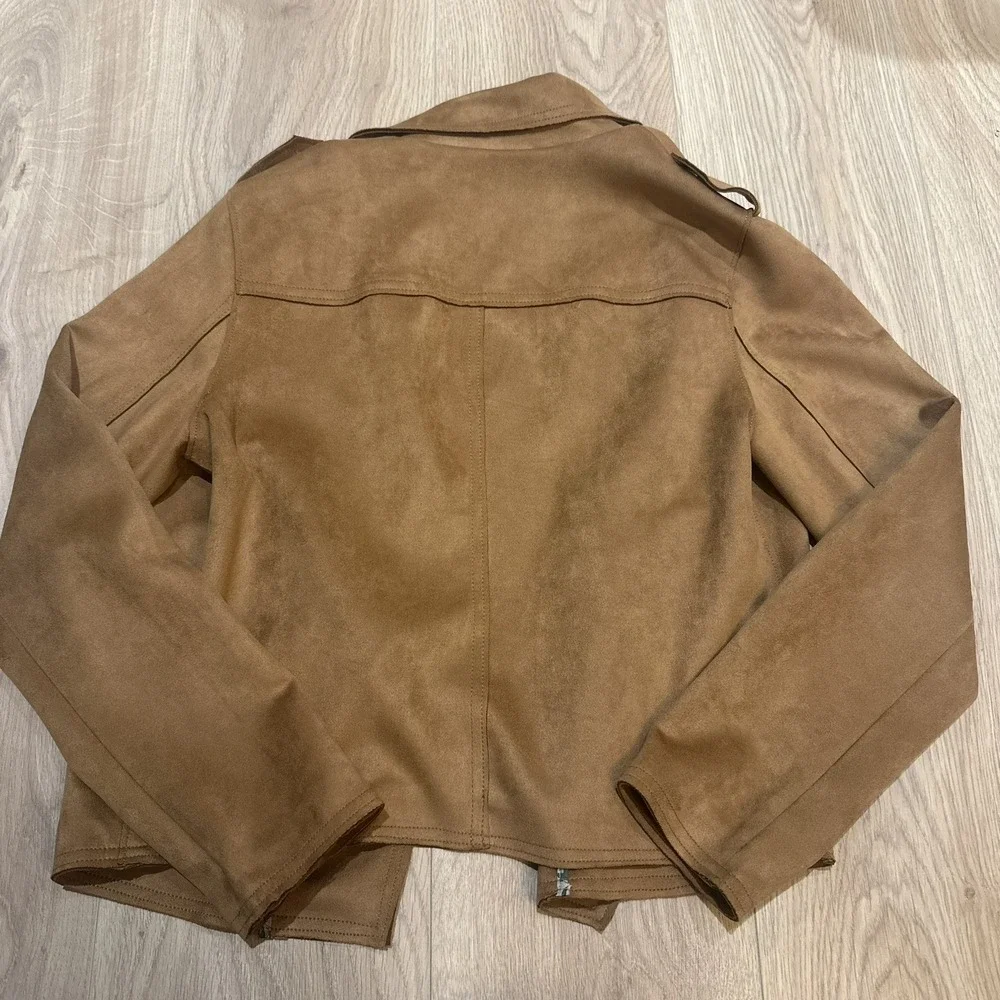 T Tahari Faux‎ Suede Jacket Women's Small Pockets Open Front Moto Style Camel